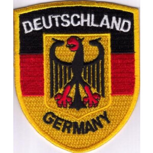 Patch zum Aufnähen : Deutschland - Germany schwarz-rot-gold mit Adler - Wappenform-