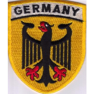 Patch zum Aufnähen : Deutschland - Germany gold mit Adler -Wappenform-